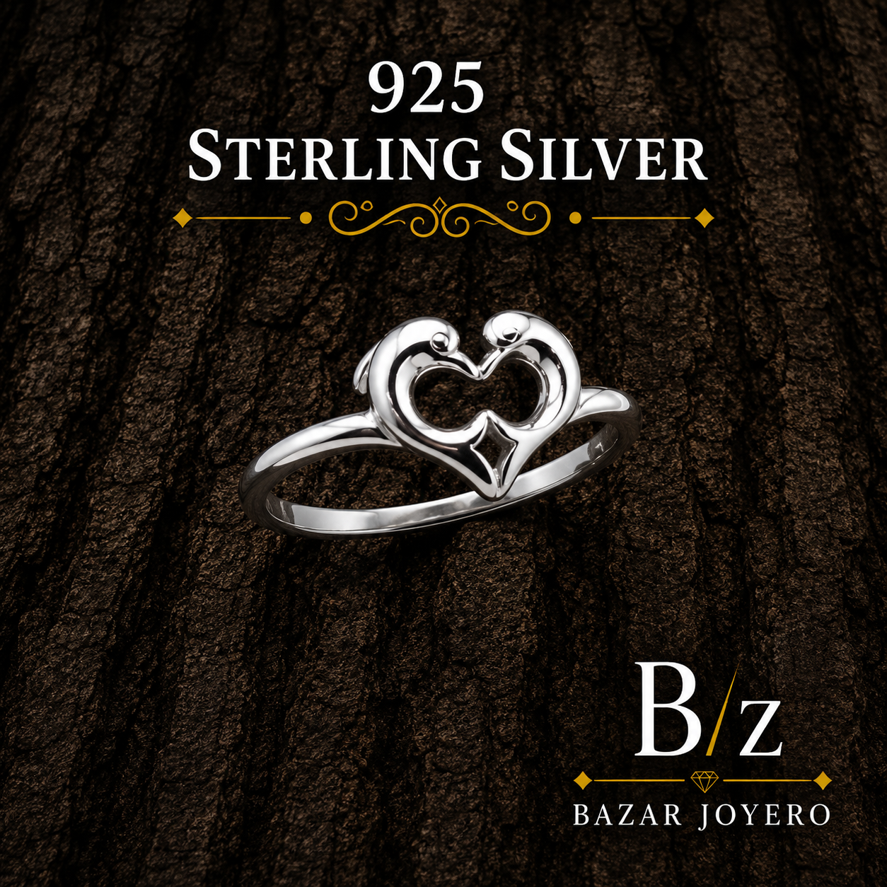 925 Sterling Silver Open Heart Infinity Ring on bark background