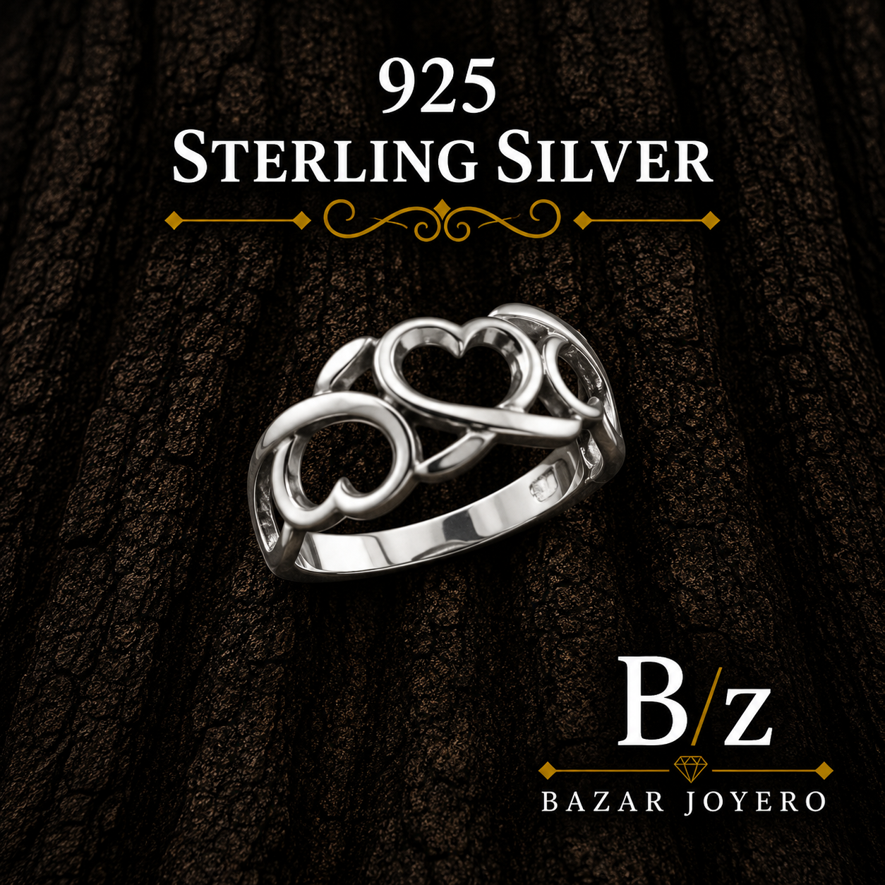 925 Sterling Silver Open Heart Ring on Dark Bark Background