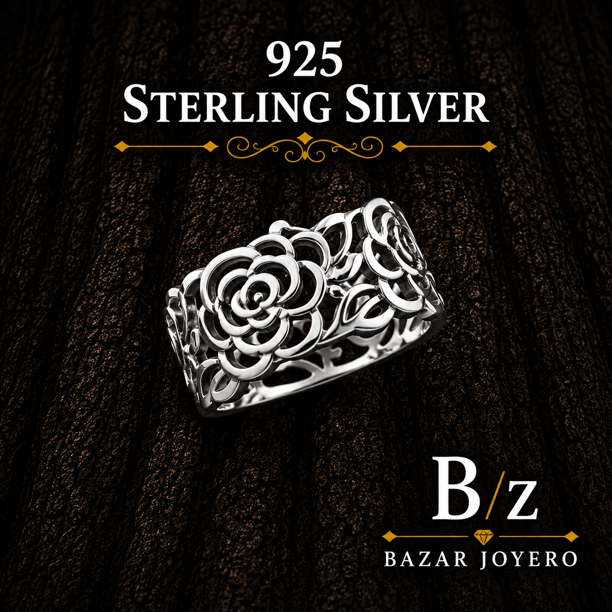 925 Sterling Silver Openwork Rose Floral Ring