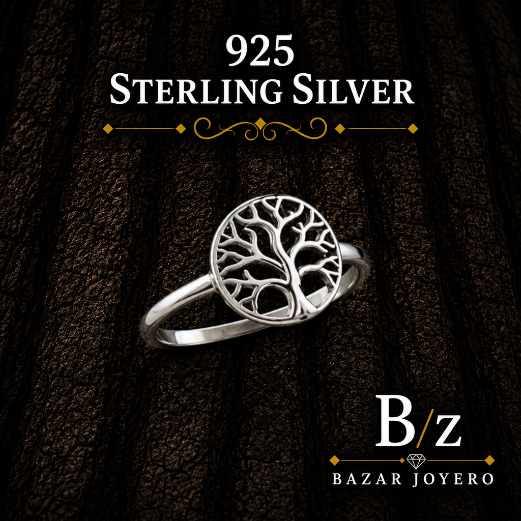 925 Sterling Silver Tree of Life Ring on Dark Bark Background