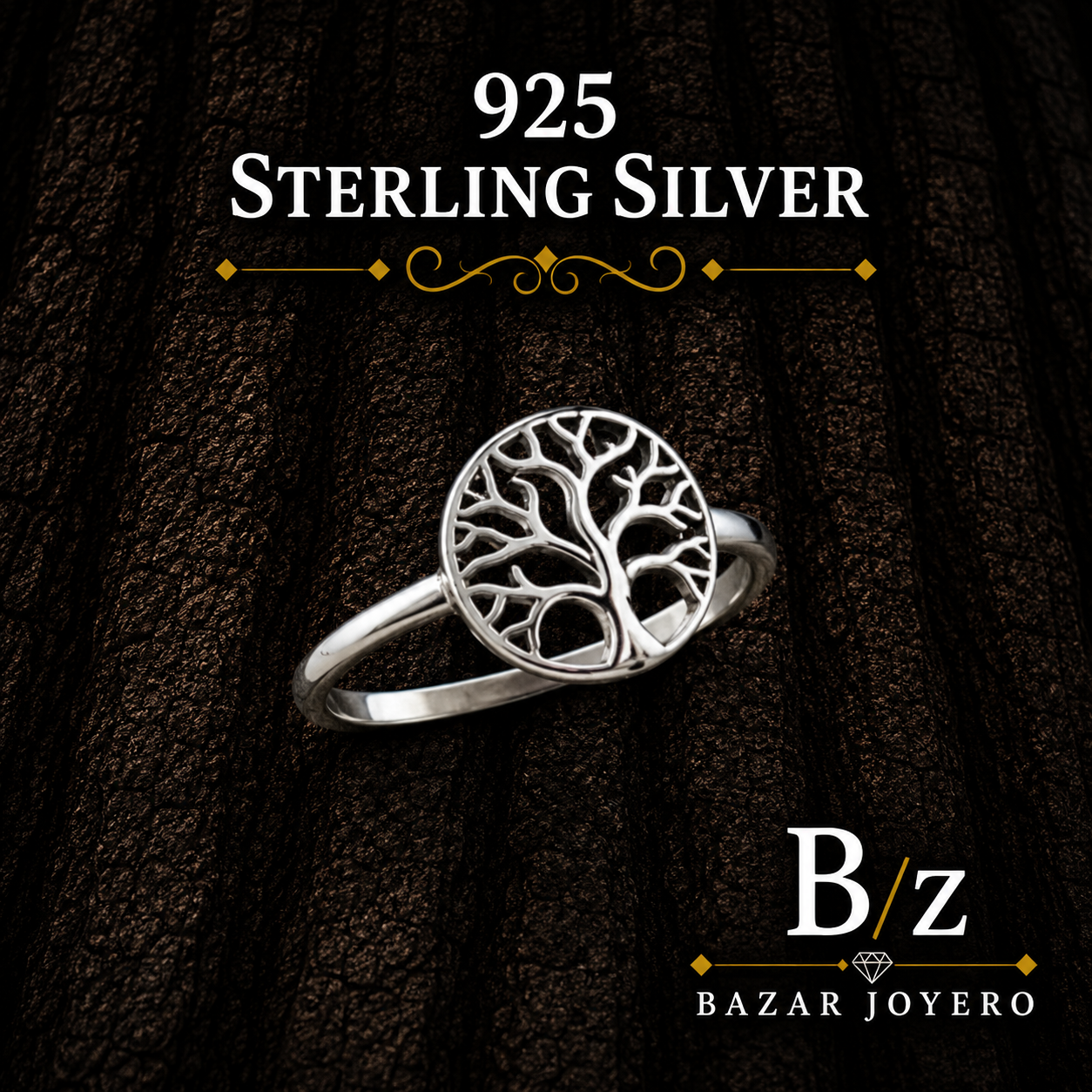 925 Sterling Silver Tree of Life Ring on Dark Bark Background