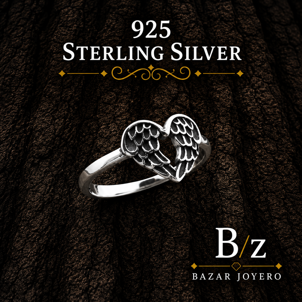 925 Sterling Silver Angel Wings Heart Ring on bark background