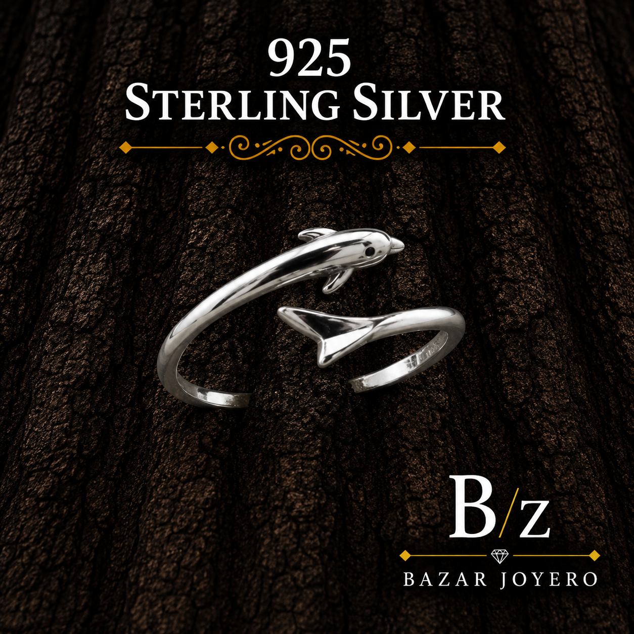 925 Sterling Silver Dolphin Wrap Ring on dark bark background