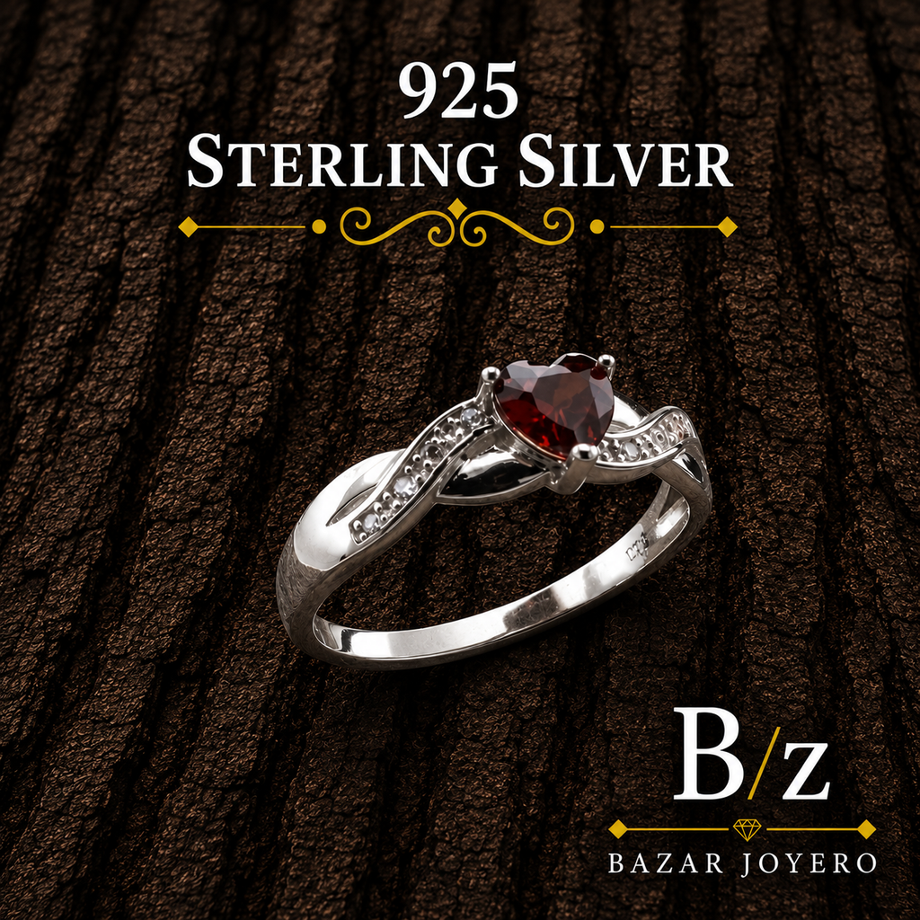 925 Sterling Silver Heart Garnet CZ Ring on bark background