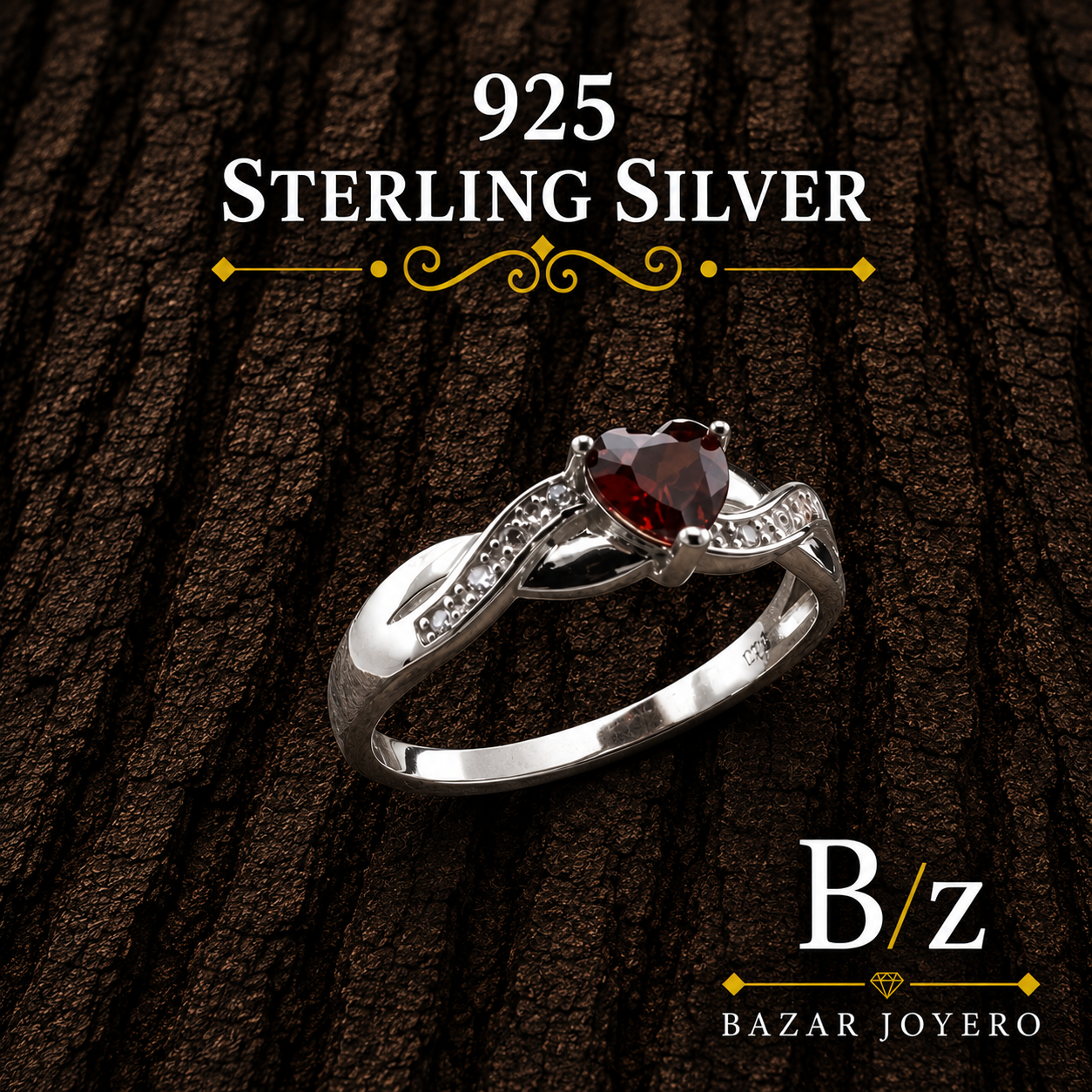 925 Sterling Silver Heart Garnet CZ Ring on bark background