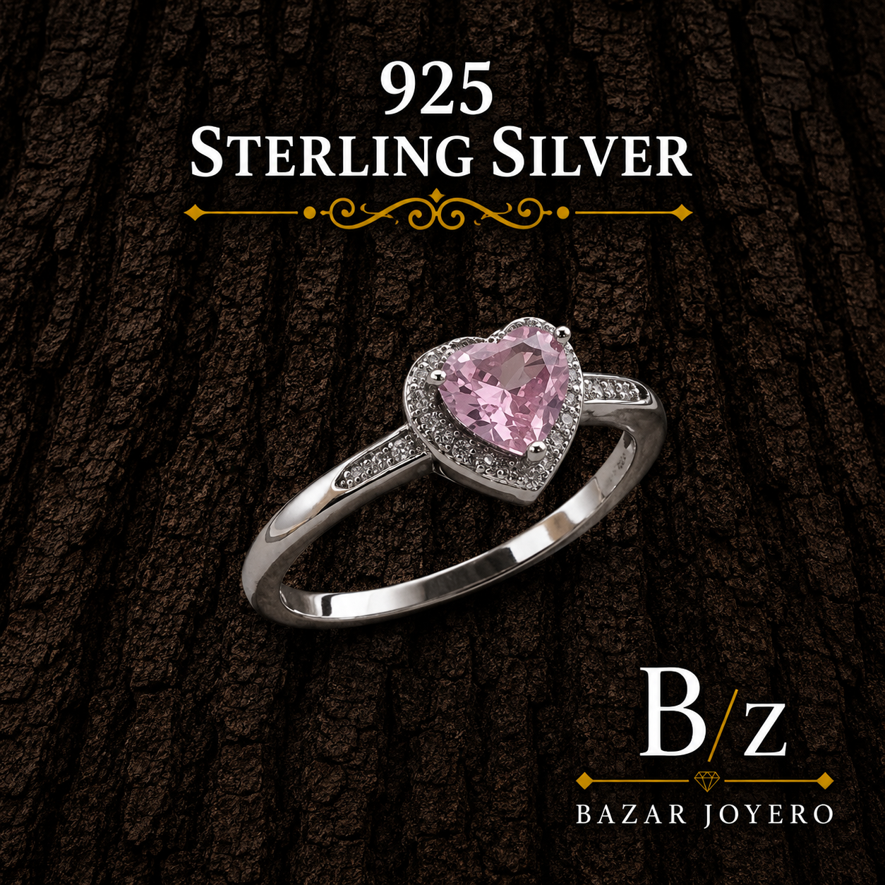 925 Sterling Silver Pink Heart CZ Halo Ring on bark background