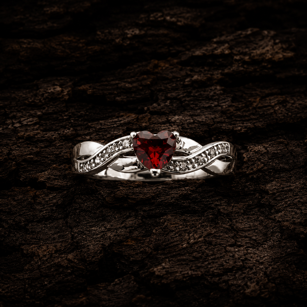 Front view of 925 Sterling Silver Heart Garnet CZ Ring