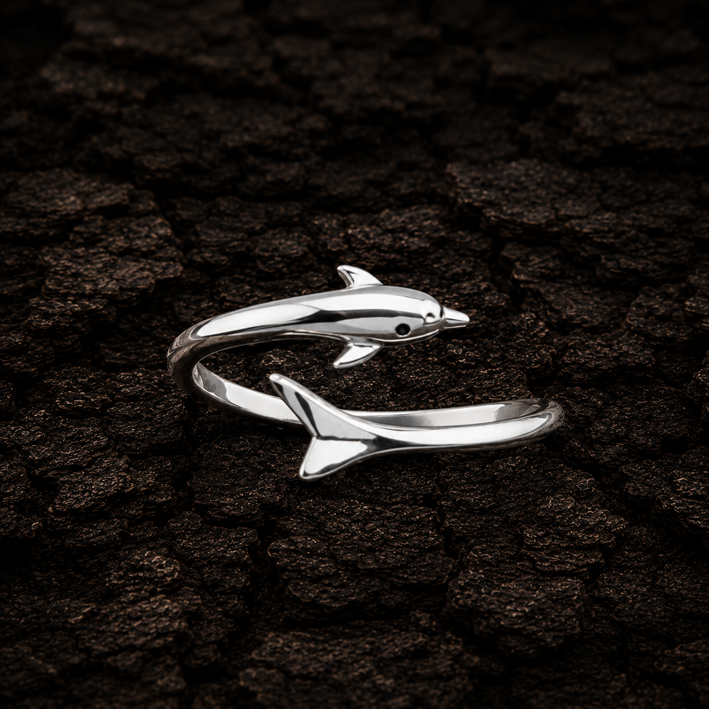 Front view of 925 Sterling Silver Dolphin Wrap Ring
