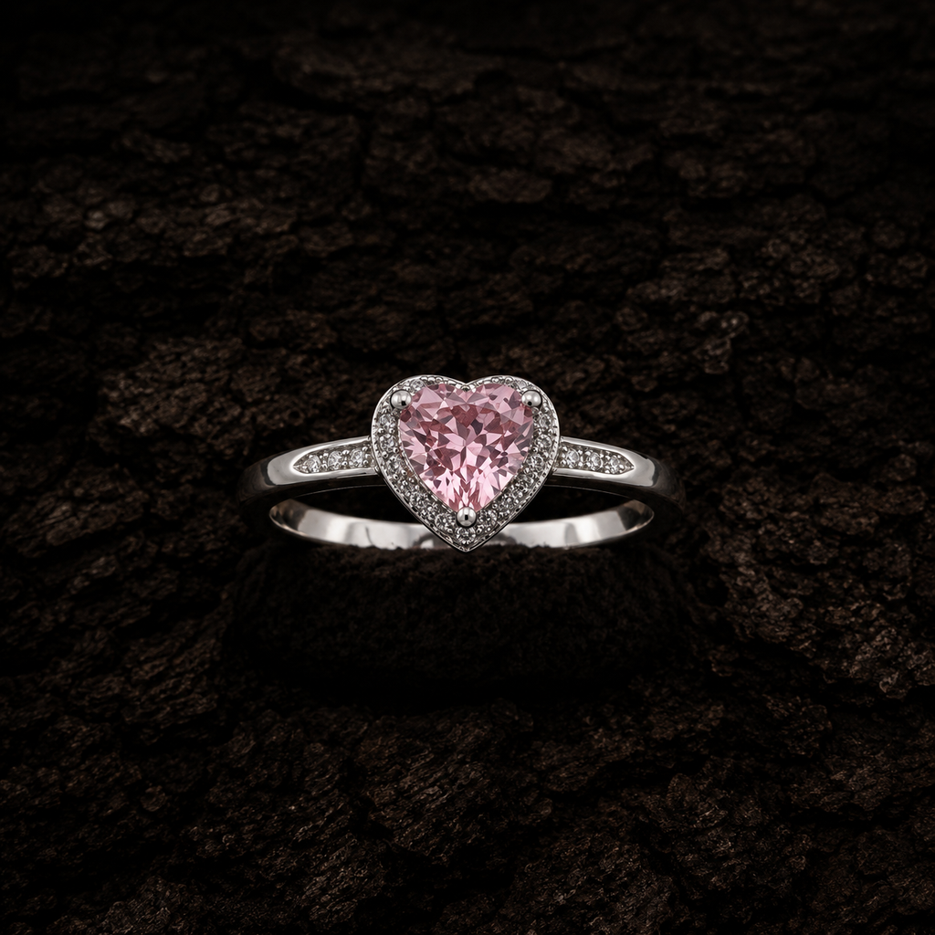 Front view of 925 Sterling Silver Pink Heart CZ Halo Ring