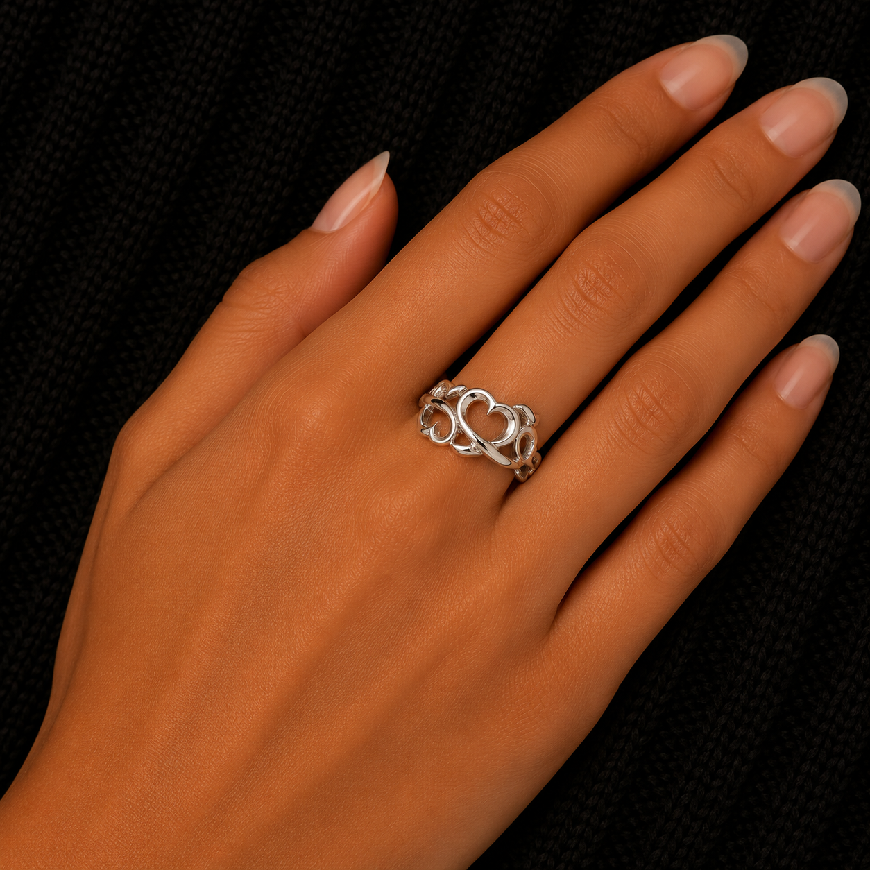 925 Sterling Silver Open Heart Ring Worn on Woman's Hand