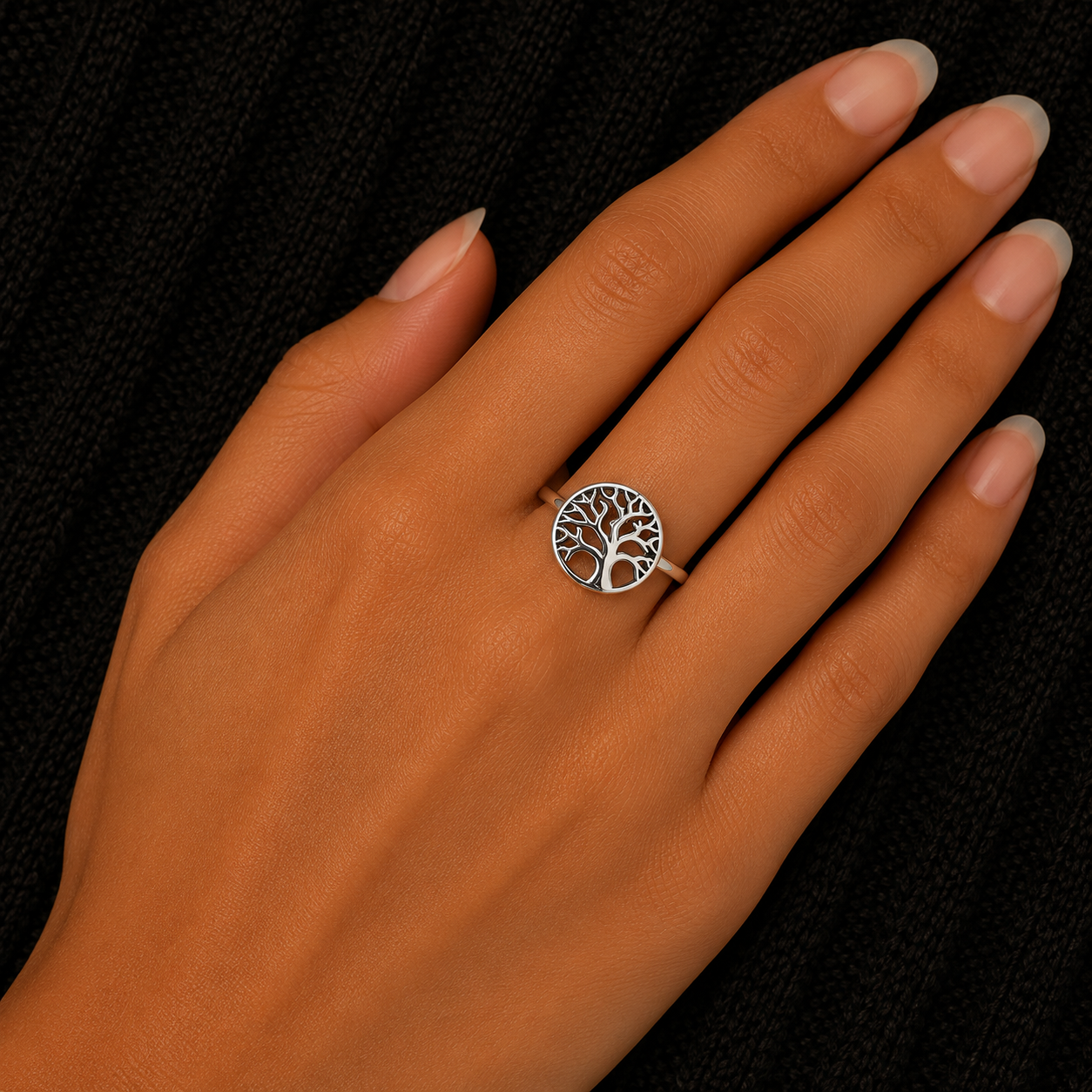 925 Sterling Silver Tree of Life Ring Worn on Woman's Hand