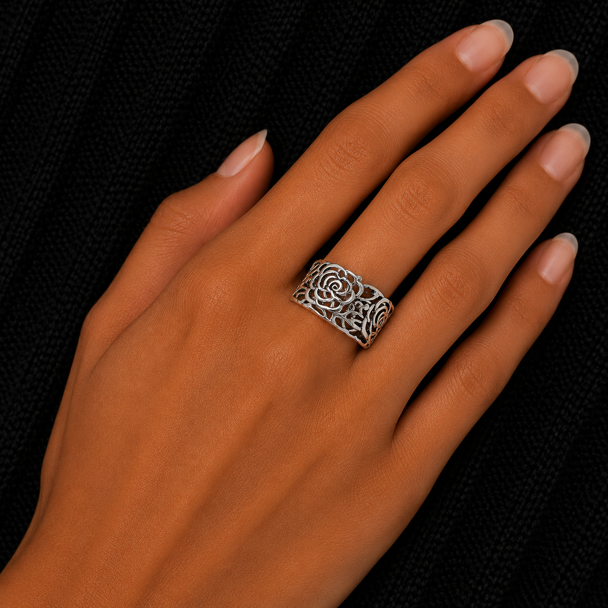 925 Sterling Silver Rose Floral Ring Worn on Hand
