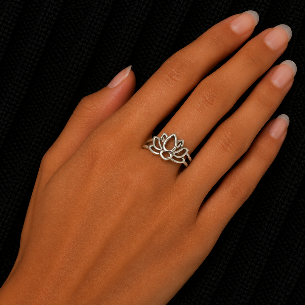 925 Sterling Silver Lotus Flower Ring Worn on Woman’s Hand