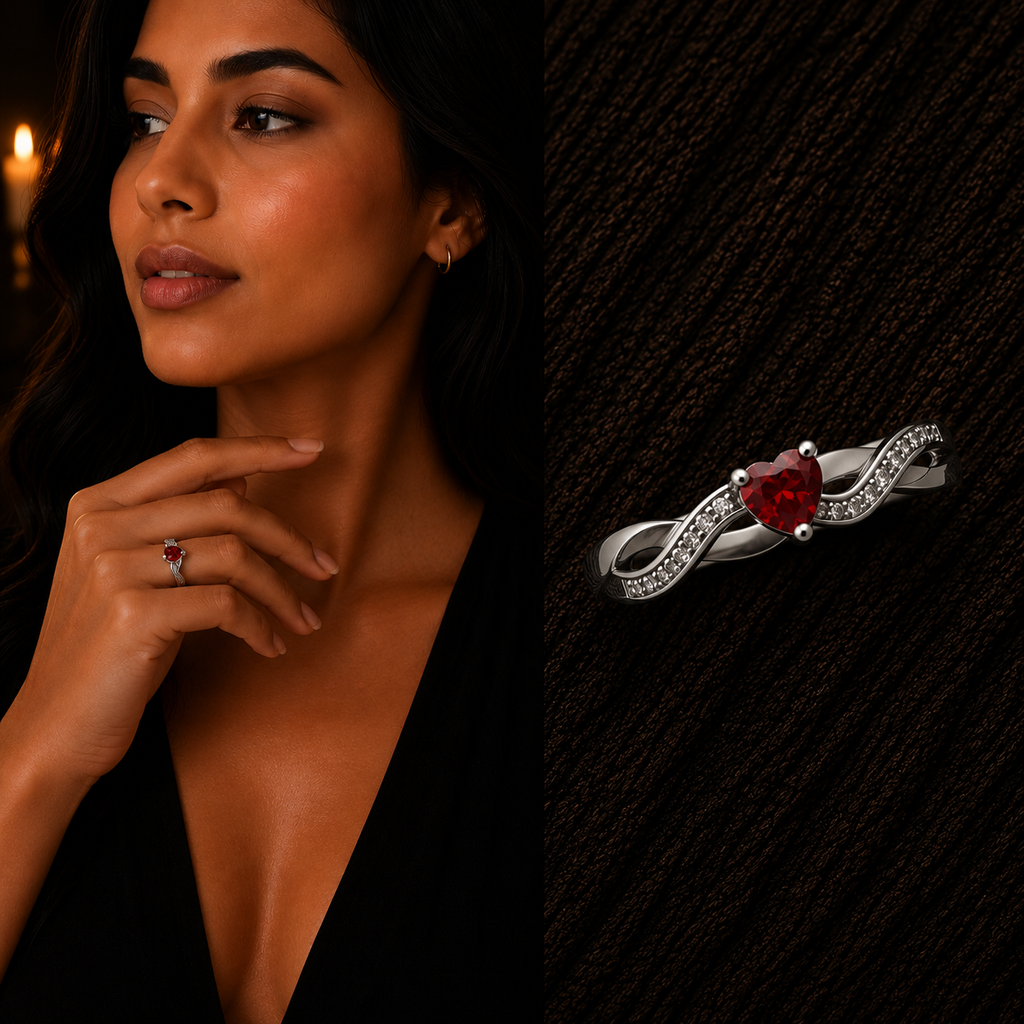 Elegant woman wearing 925 Sterling Silver Heart Garnet CZ Ring with close-up product view