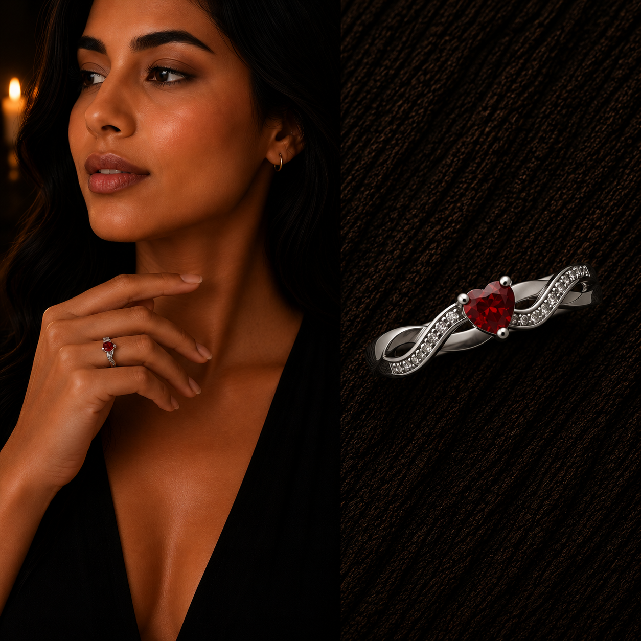 Elegant woman wearing 925 Sterling Silver Heart Garnet CZ Ring with close-up product view