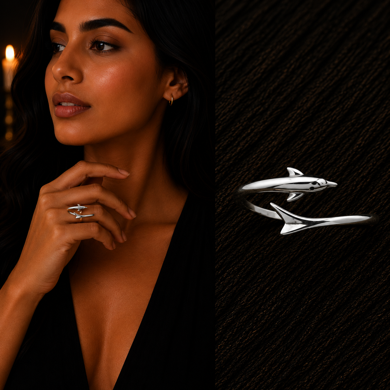 Elegant woman wearing 925 Sterling Silver Dolphin Wrap Ring with close-up product view
