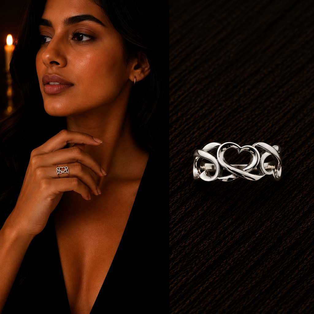Elegant Woman Wearing 925 Sterling Silver Open Heart Ring with Close-Up Product View
