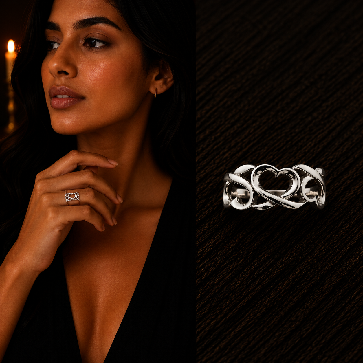 Elegant Woman Wearing 925 Sterling Silver Open Heart Ring with Close-Up Product View