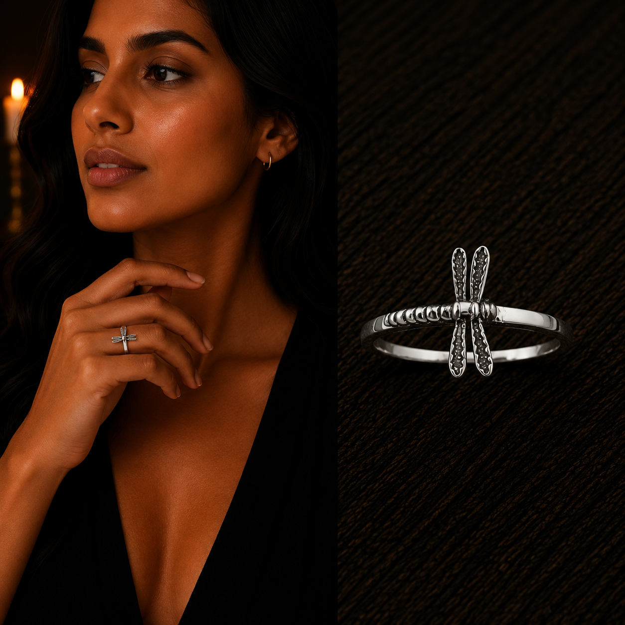 Elegant Woman Wearing 925 Sterling Silver Dragonfly Ring with Close-Up Product View