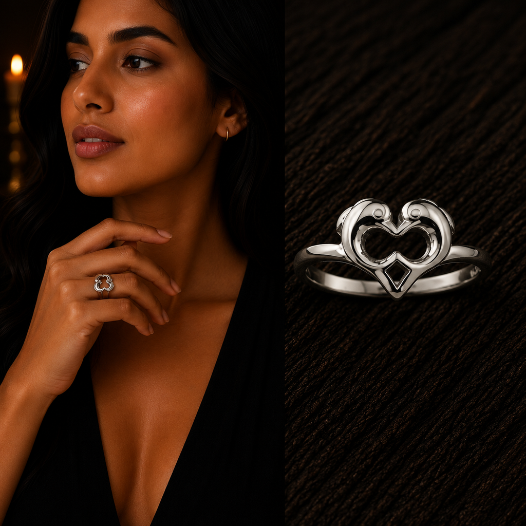 Elegant woman wearing 925 Sterling Silver Open Heart Infinity Ring with close-up product view