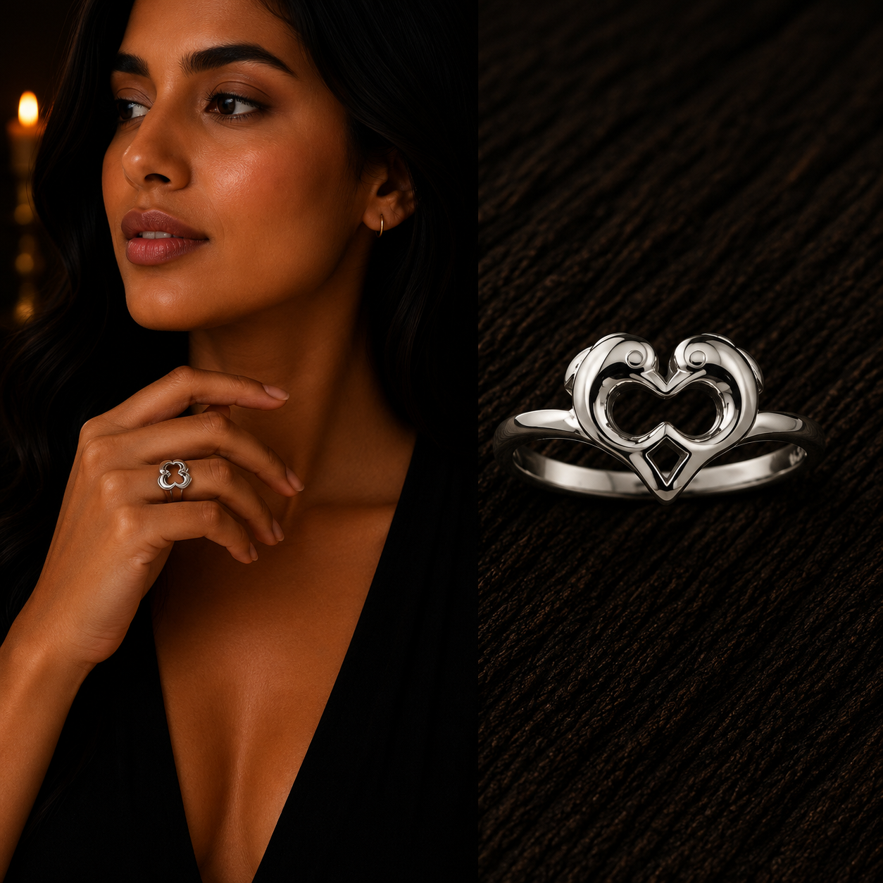 Elegant woman wearing 925 Sterling Silver Open Heart Infinity Ring with close-up product view
