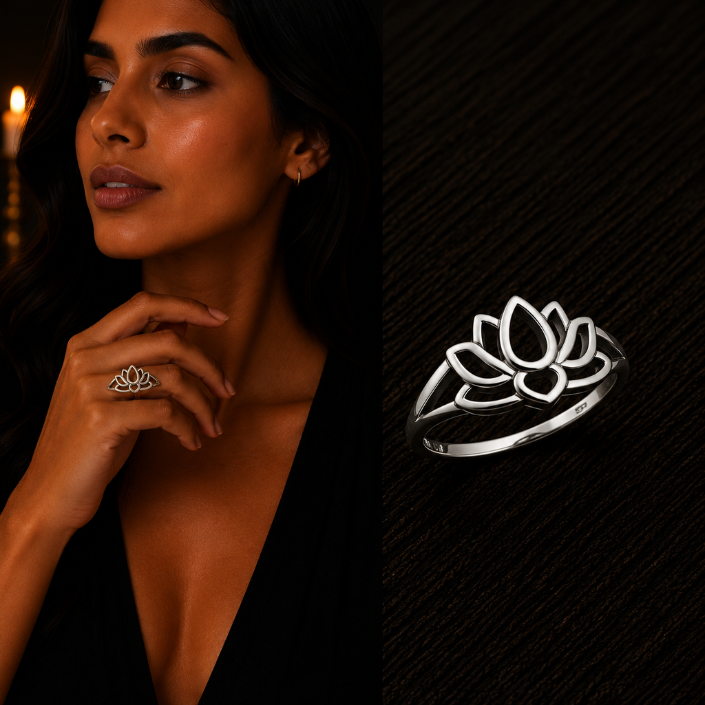 Elegant Woman Wearing 925 Sterling Silver Lotus Flower Ring with Close-Up Product View