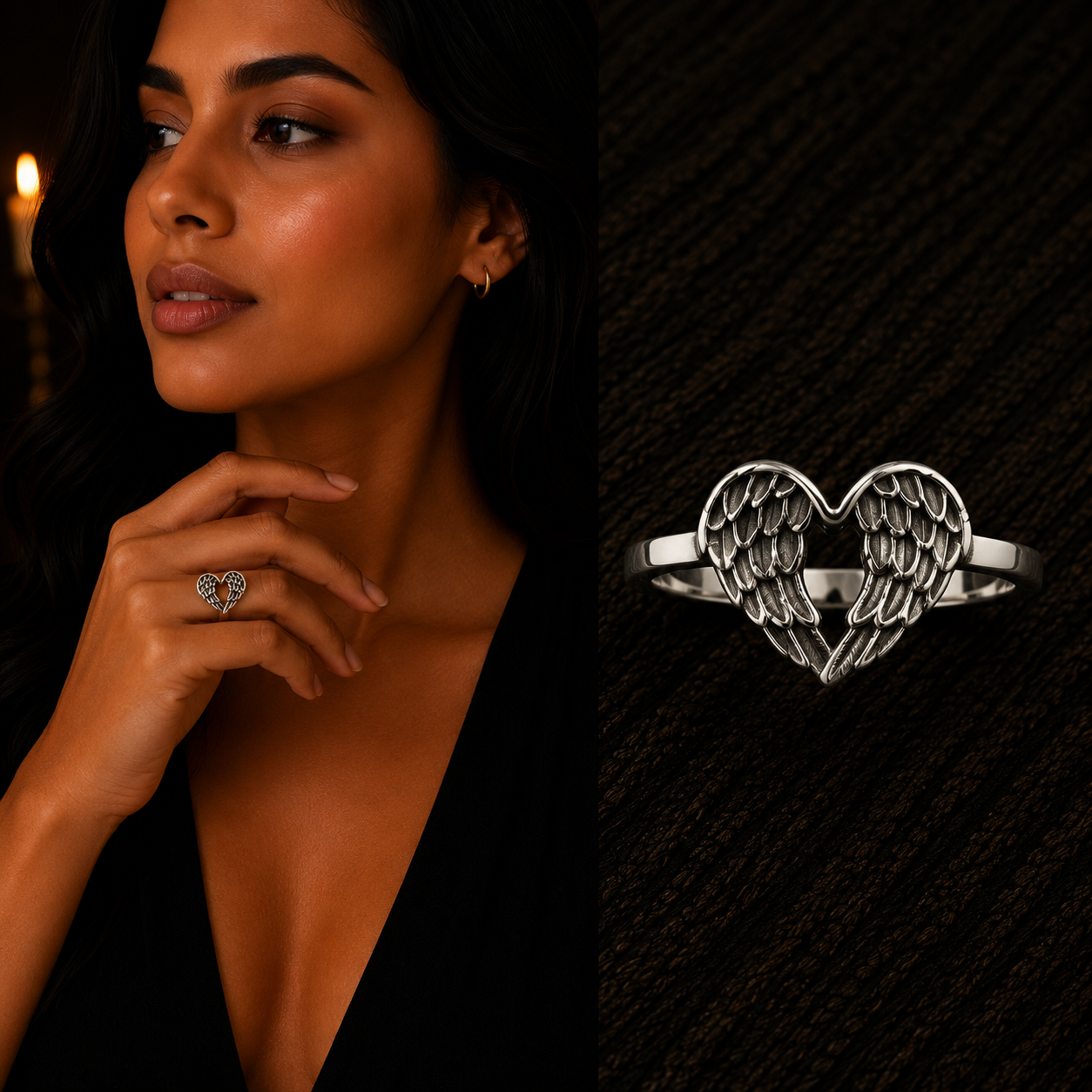 Elegant woman wearing 925 Sterling Silver Angel Wings Heart Ring with close-up product view