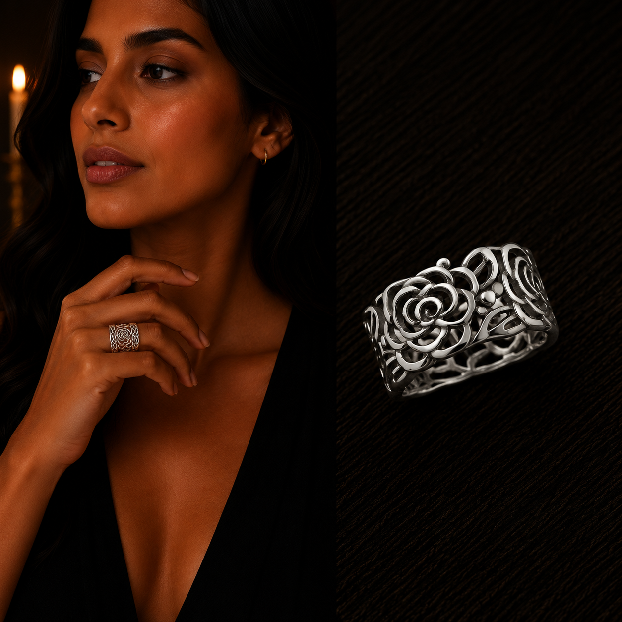 Woman Wearing 925 Sterling Silver Rose Floral Ring with Close-Up Product View