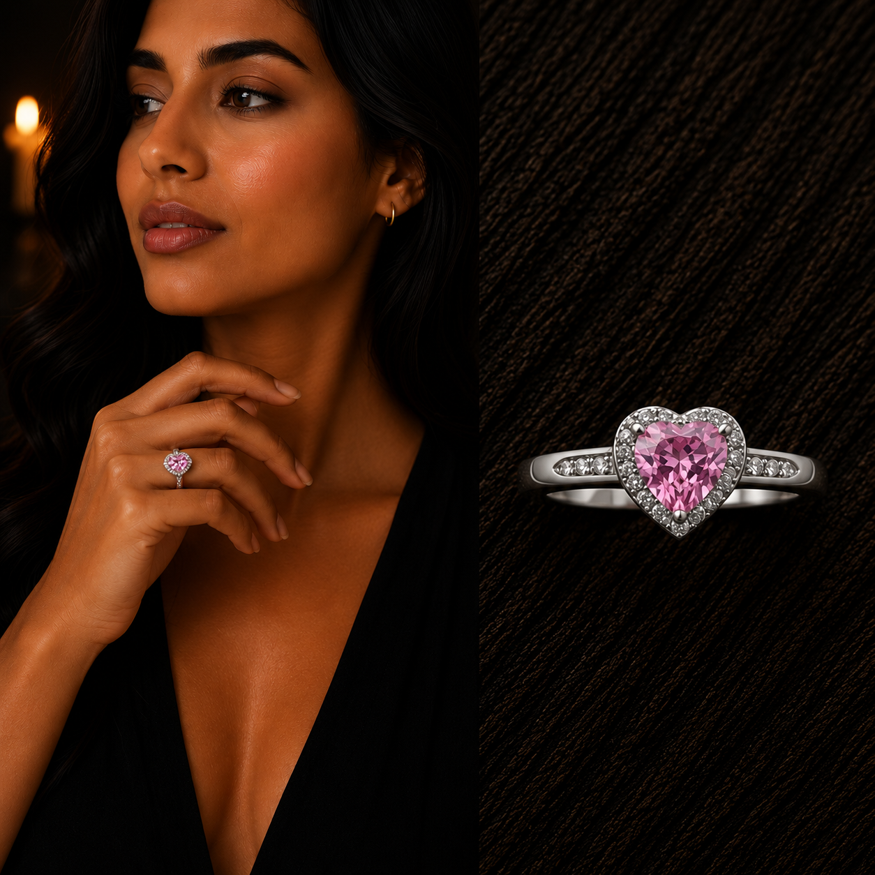 Elegant woman wearing 925 Sterling Silver Pink Heart CZ Halo Ring with close-up product view