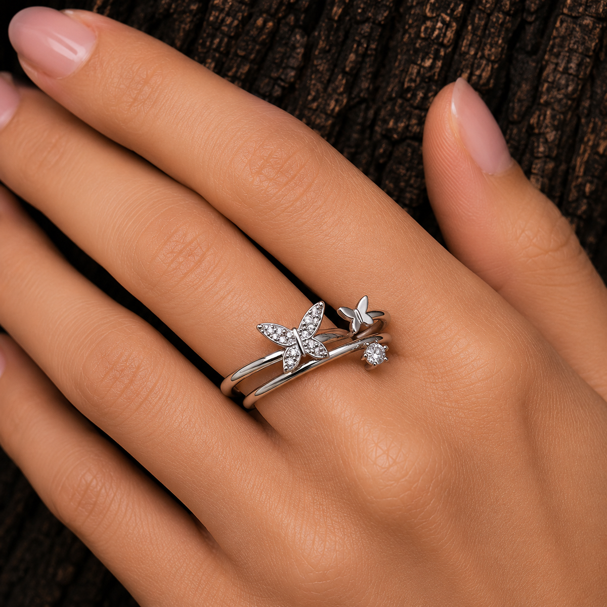 925 Sterling Silver Butterfly Ring worn on hand