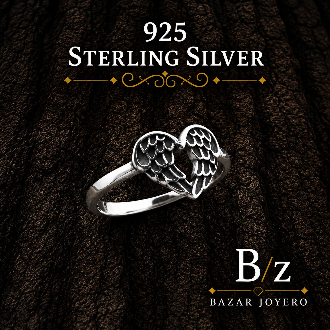 925 Sterling Silver Angel Wings Heart Ring on bark background