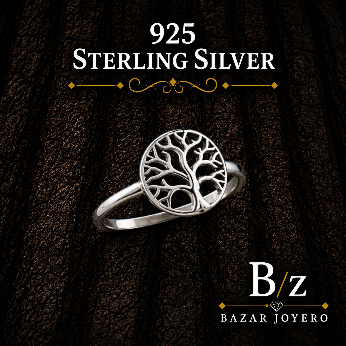 925 Sterling Silver Tree of Life Ring on Dark Bark Background