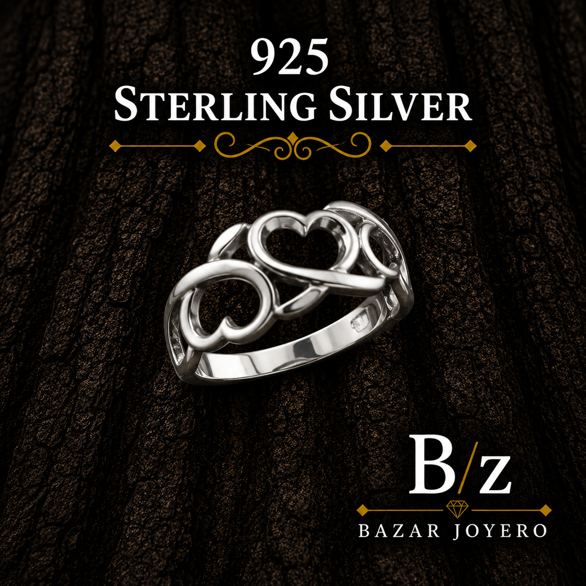 925 Sterling Silver Open Heart Ring on Dark Bark Background