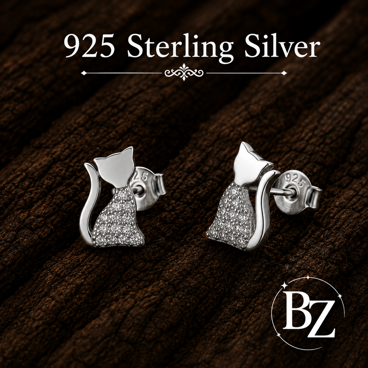 925 Sterling Silver Cat Stud Earrings with Cubic Zirconia