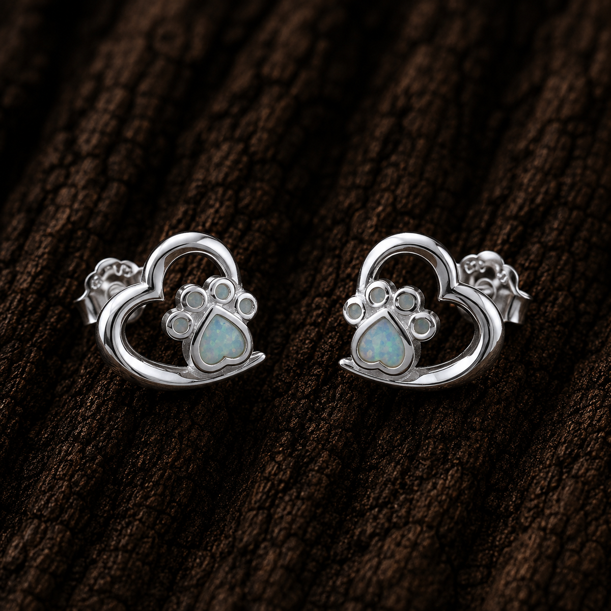 925 Sterling Silver Heart Paw Print Stud Earrings with White Lab Opal