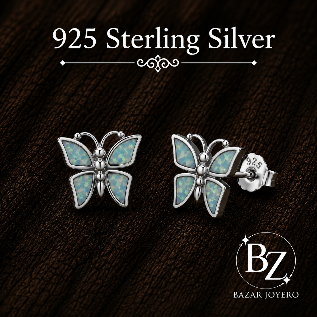 925 Sterling Silver Butterfly Stud Earrings with White Lab Opal