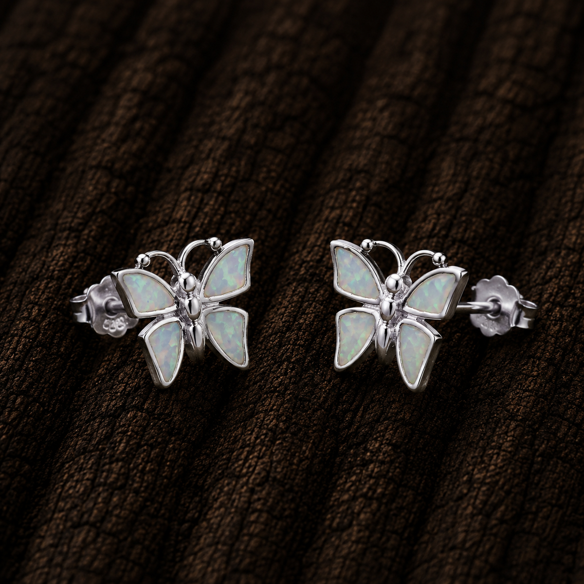 925 Sterling Silver Butterfly Stud Earrings with White Lab Opal
