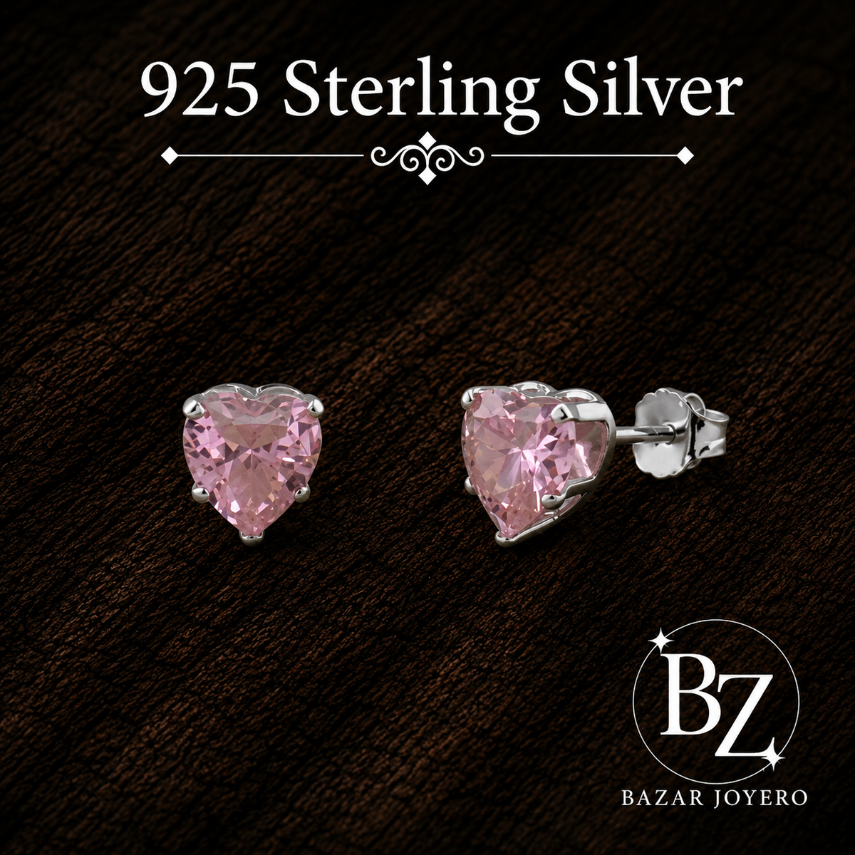 925 Sterling Silver Heart Stud Earrings with Light Pink Cubic Zirconia