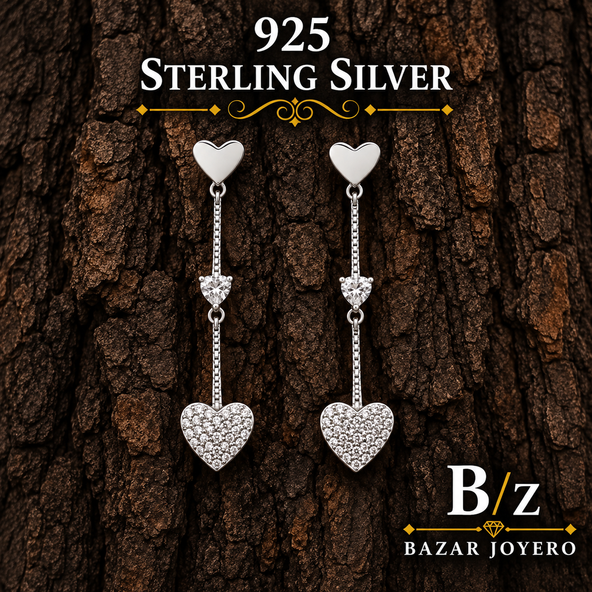 925 sterling silver double heart dangle earrings with clear cubic zirconia details, front product view.