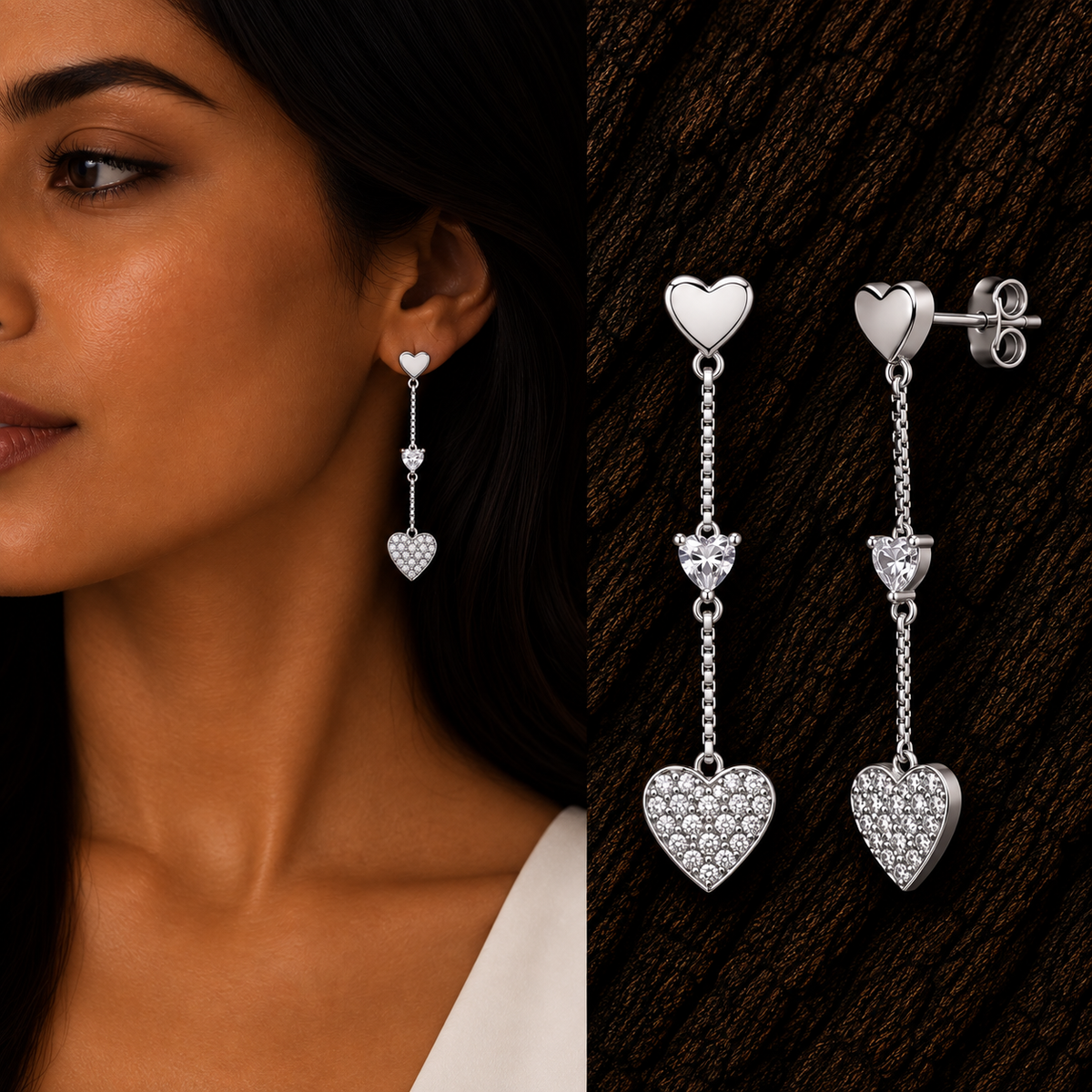 925 sterling silver double heart CZ dangle earrings shown on model with detailed front and side product views.