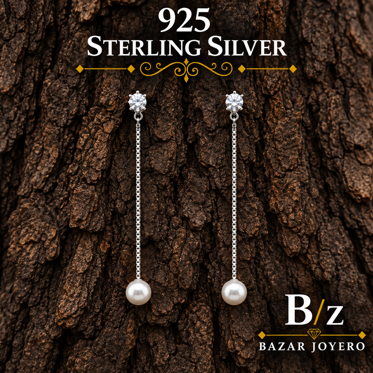 925 sterling silver long pearl drop earrings with clear cubic zirconia accent, front product view.