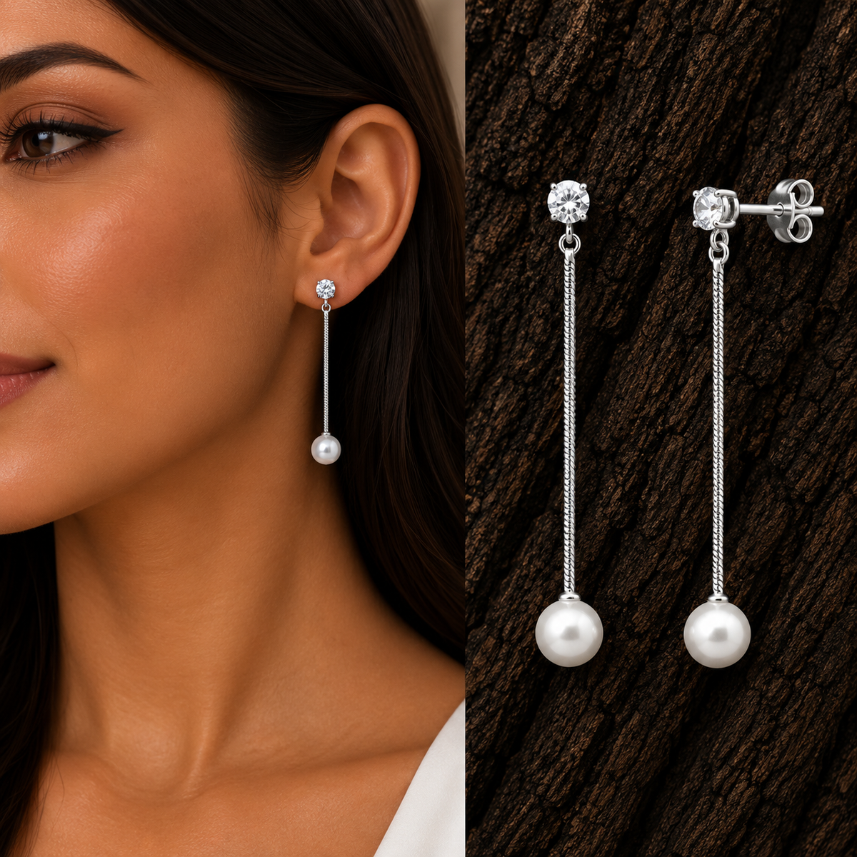 925 sterling silver pearl drop earrings shown on model with detailed front and side product views.