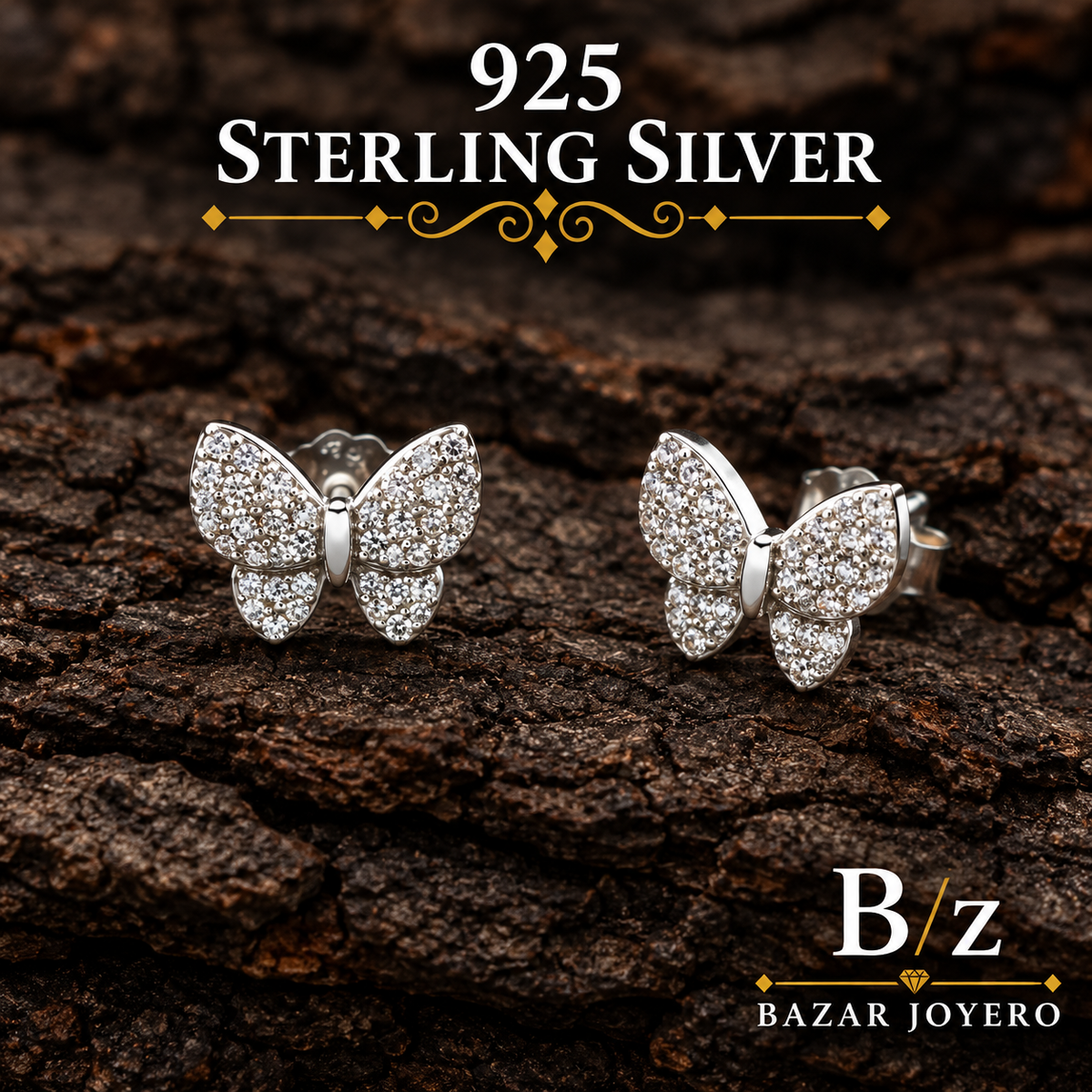 925 sterling silver butterfly stud earrings with clear cubic zirconia stones, front product view.
