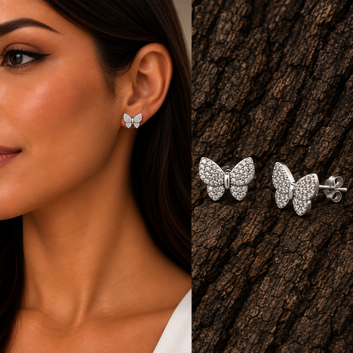 925 sterling silver CZ butterfly earrings shown on model with detailed front and side product views.