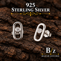 925 sterling silver oval stud earrings with clear cubic zirconia center, front product view.