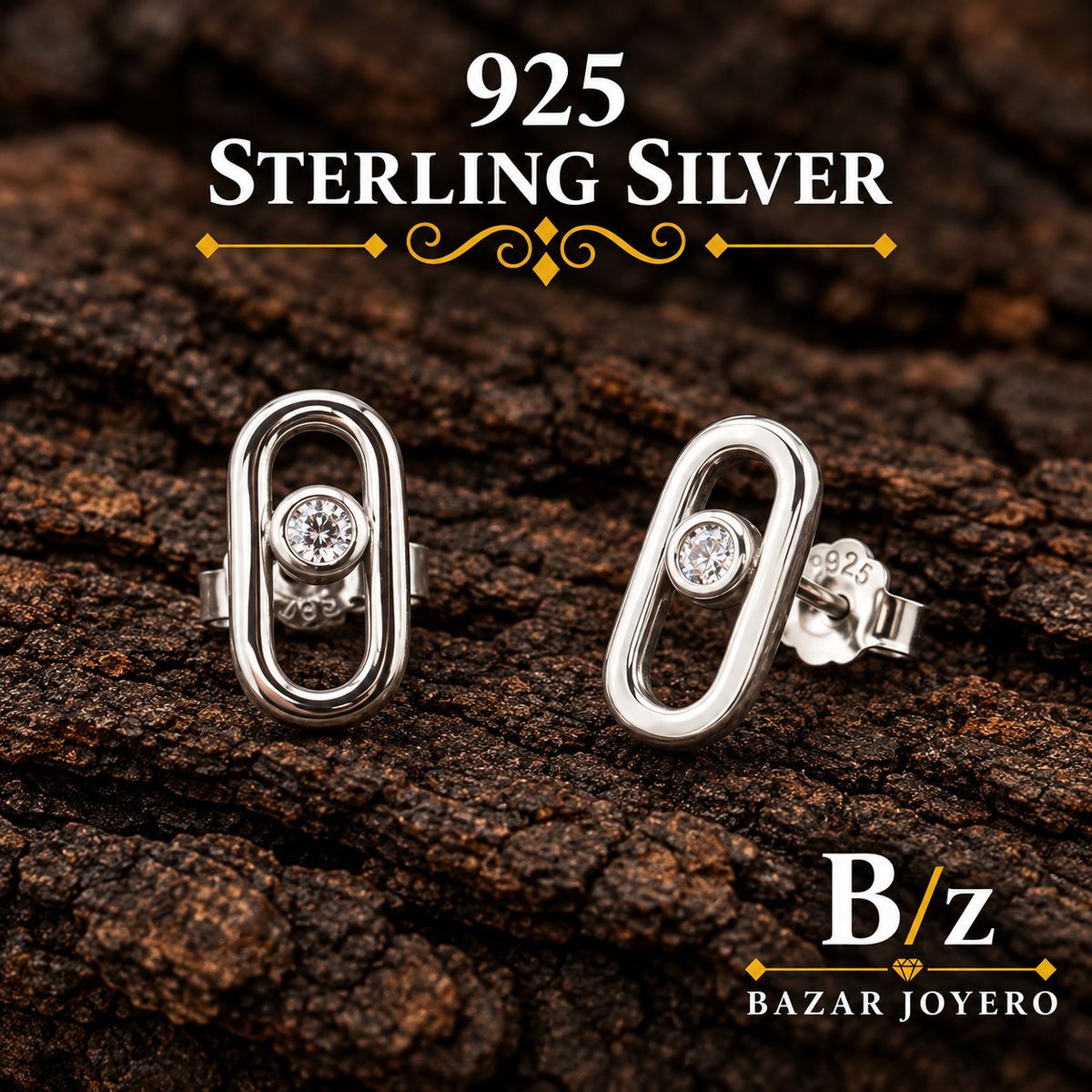 925 sterling silver oval stud earrings with clear cubic zirconia center, front product view.