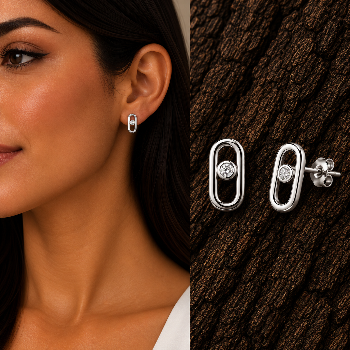 925 sterling silver oval CZ stud earrings shown on model with detailed front and side product views.