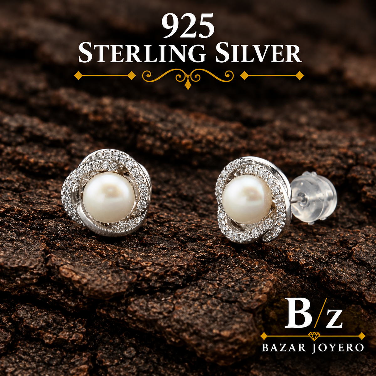 925 sterling silver pearl and CZ swirl stud earrings, detailed front product view.