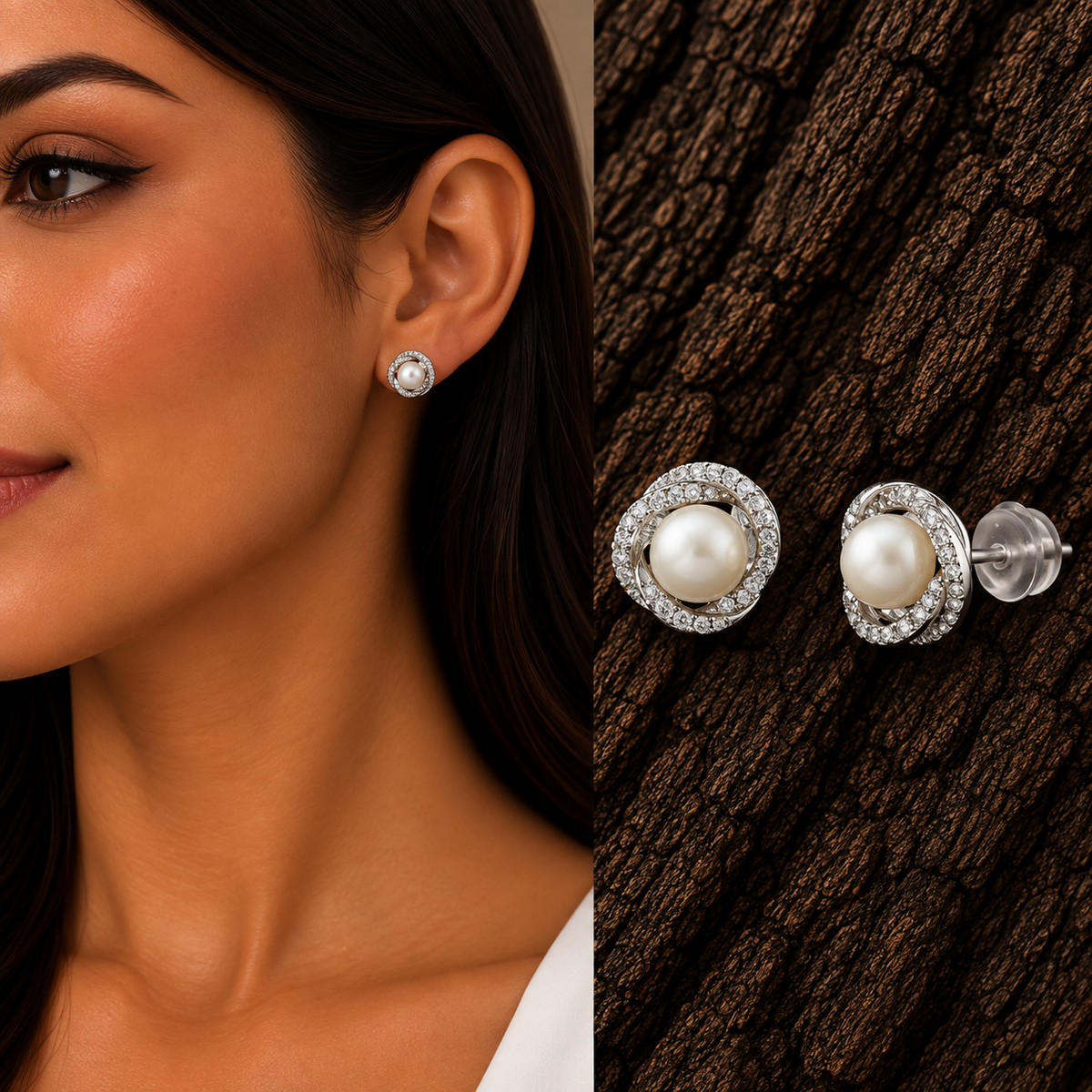 925 sterling silver pearl CZ stud earrings shown on model with detailed product views.