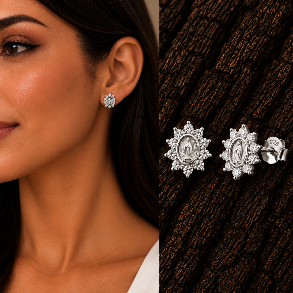 925 sterling silver Virgin Mary CZ earrings shown on model with detailed product views.